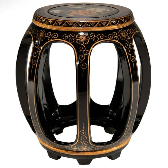 Oriental Furniture Black Lacquer Stool - Birds and Flowers