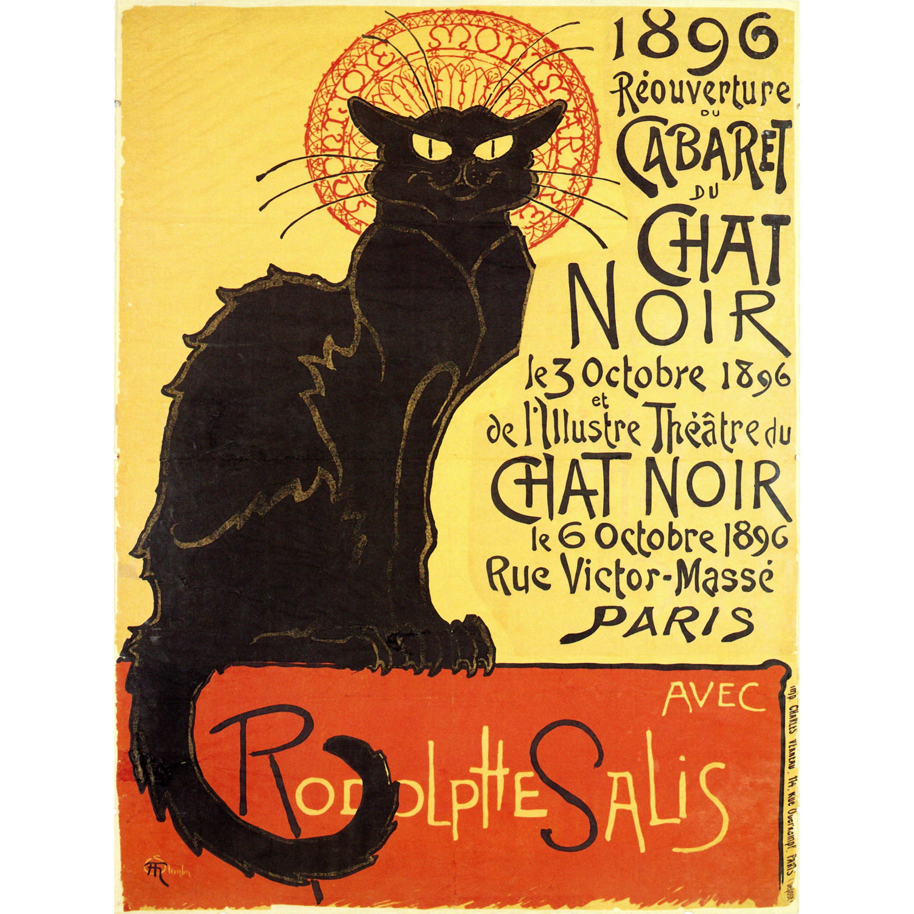 Oriental Furniture Chat Noir Cabaret Wall Art, Cat, European style, Canvas, wood. 3 panel