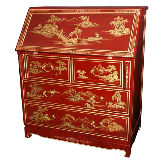 Oriental Furniture Classic and Exclusive Secretary Desk, red, lacquer, 42.00"H x36.00"W, 5 drawers, hand painted, Asian, Chinese, Oriental