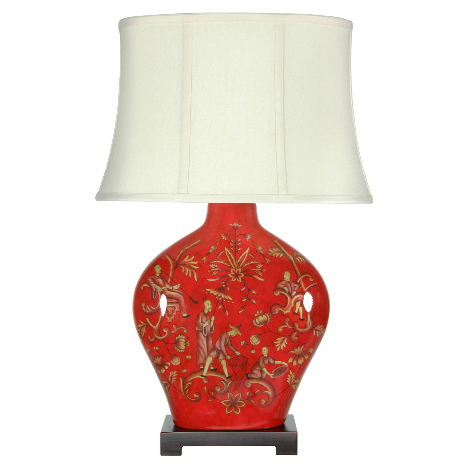 Red Porcelain Table Lamp with Off-White Shade, 27"