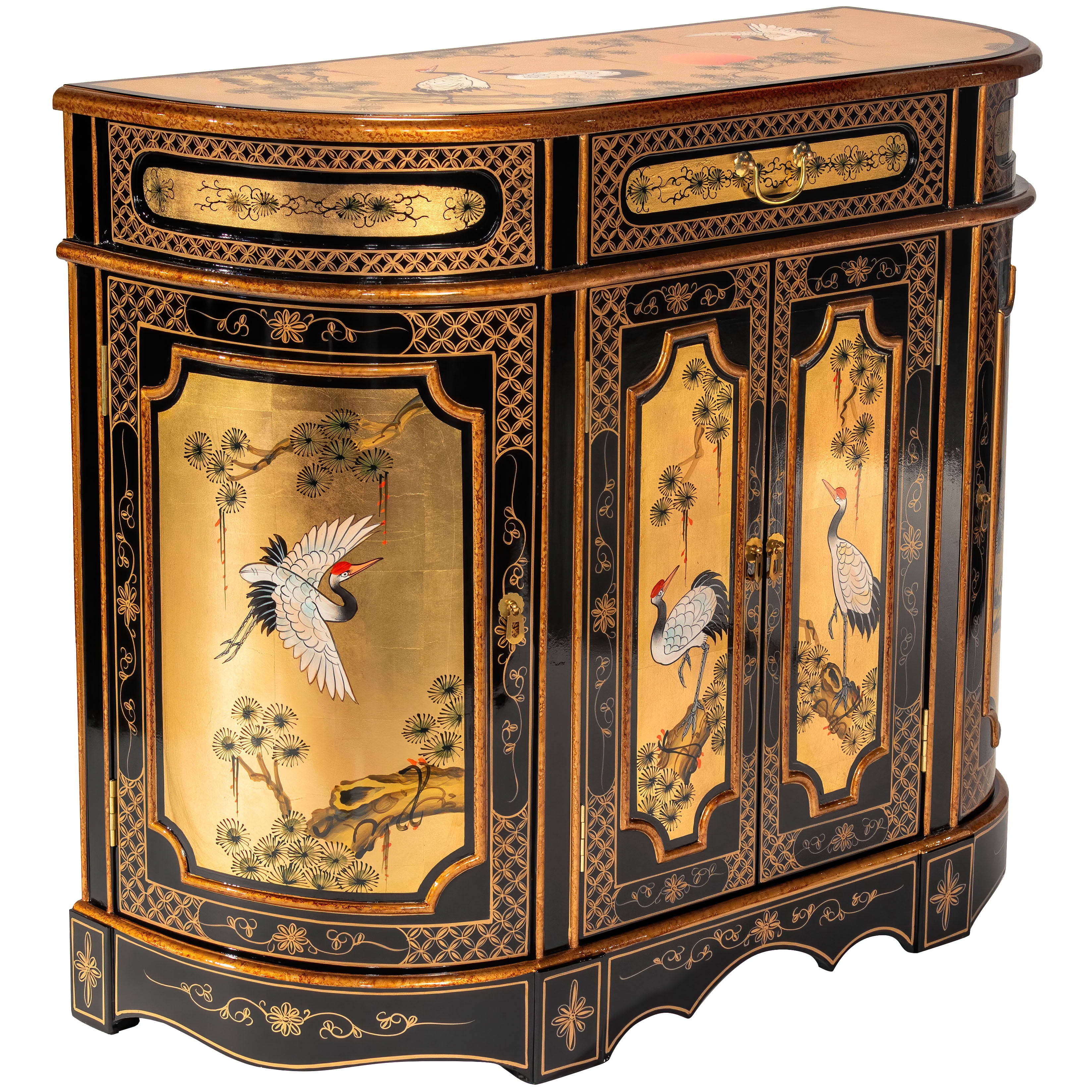 Gold Lacquer Hand-Painted Cranes Solid Wood Accent Cabinet