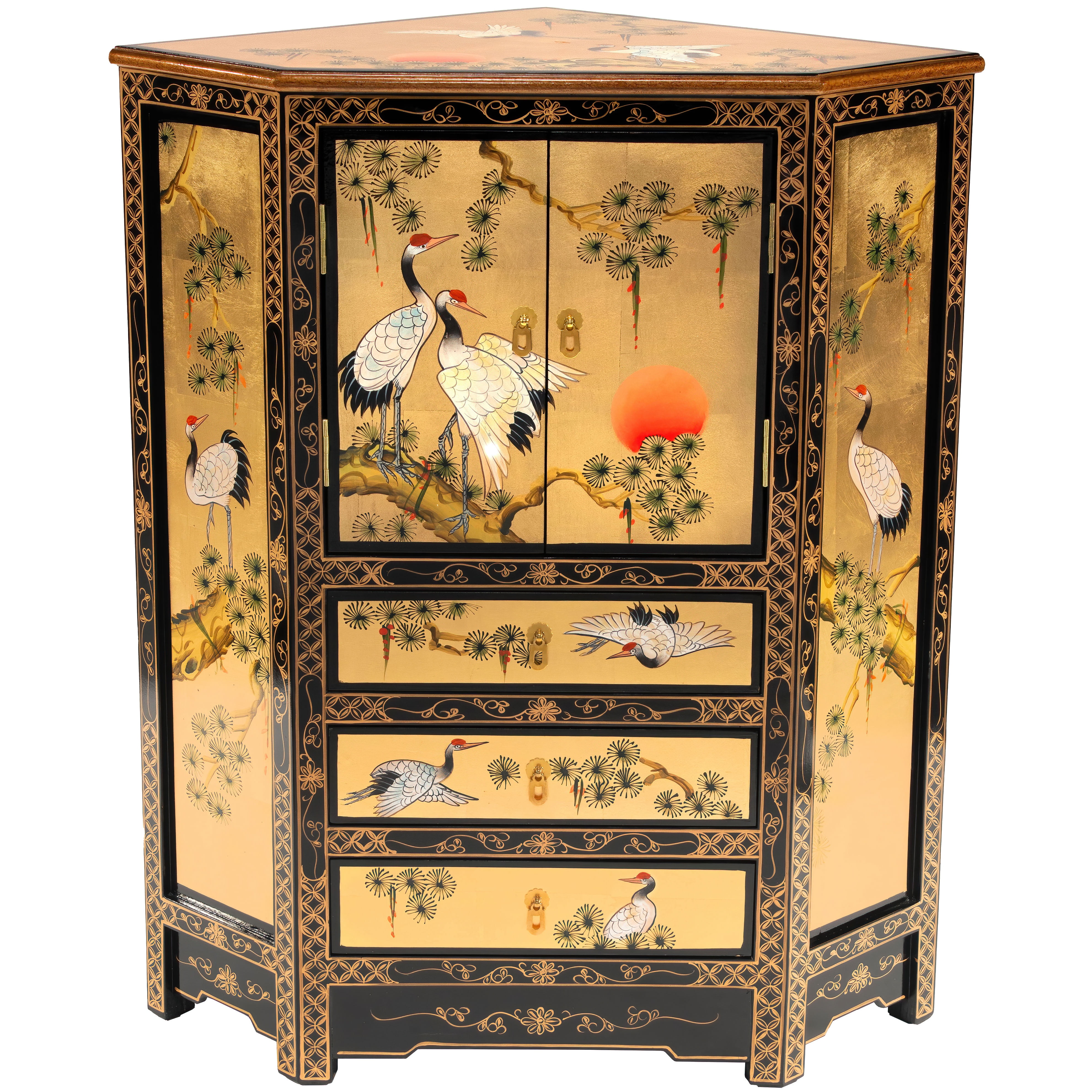 Gold Lacquer Hand-Painted Cranes Corner Cabinet
