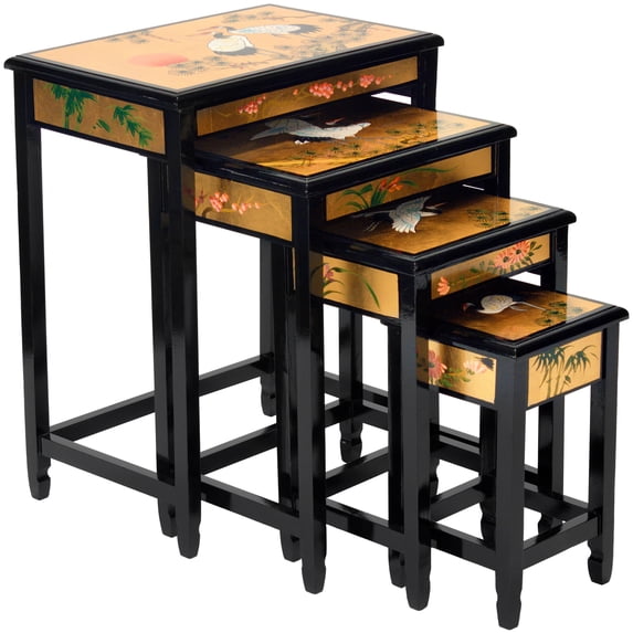 Oriental Furniture Gold Lacquer Nesting Tables - Cranes