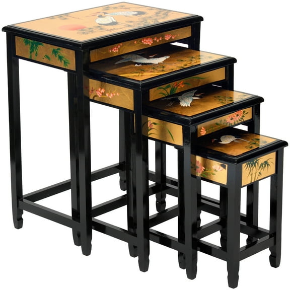 Oriental Furniture Gold Lacquer Nesting Tables - Cranes