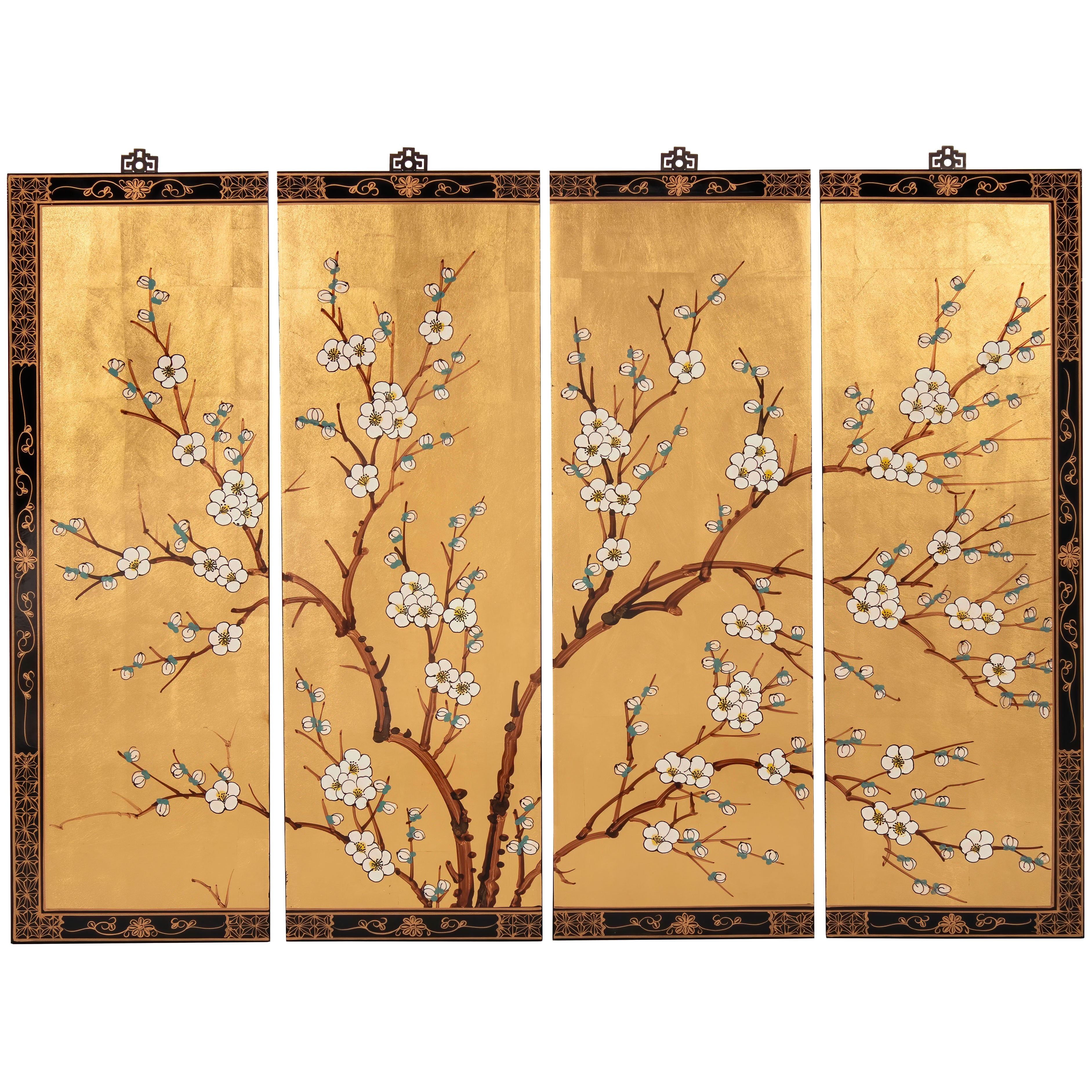 Gold Lacquer Cherry Blossom Wall Art Panels with Hanging Hardware