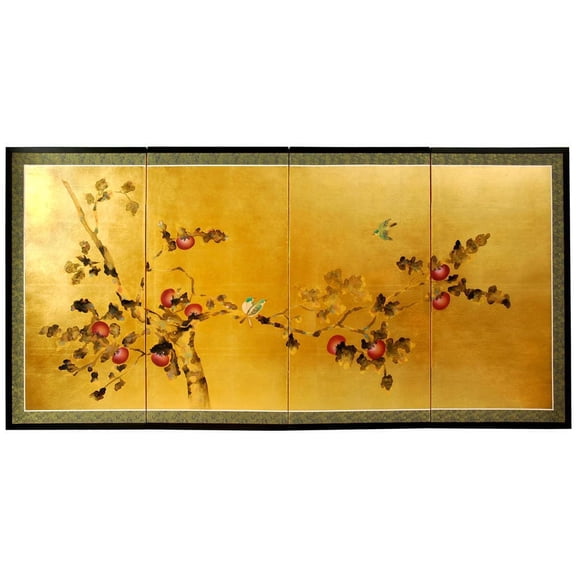 Oriental Furniture Gold Leaf Cherry Blossom Silk Screen, 36", Wall hanging, Hand painted