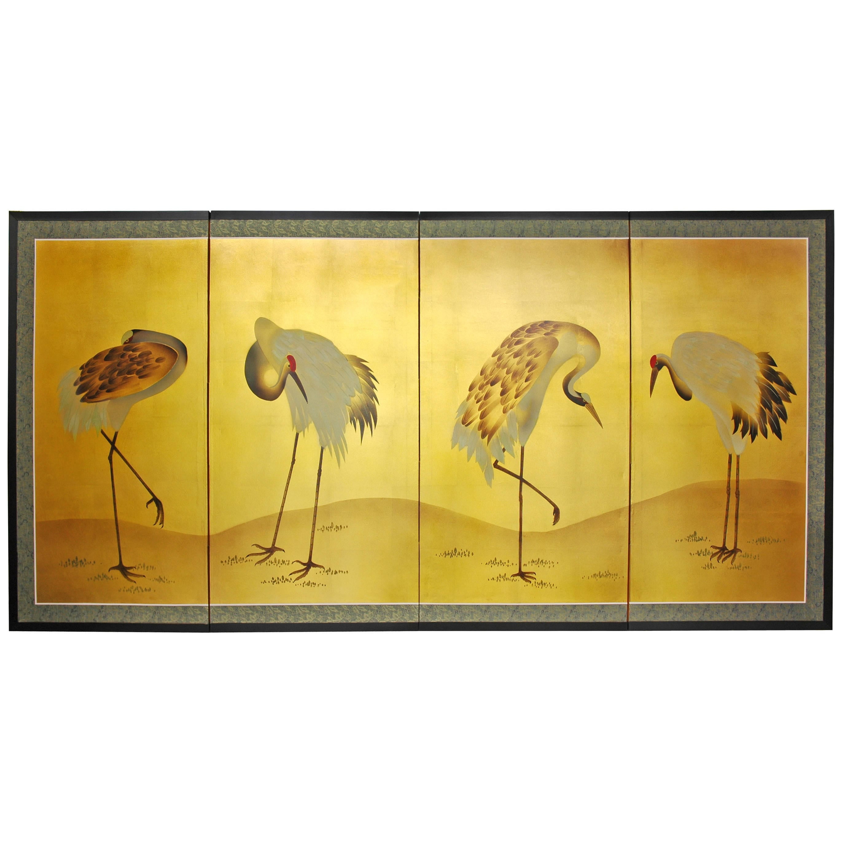 Hand-Painted Gold Leaf Cranes on Canvas Wall Art