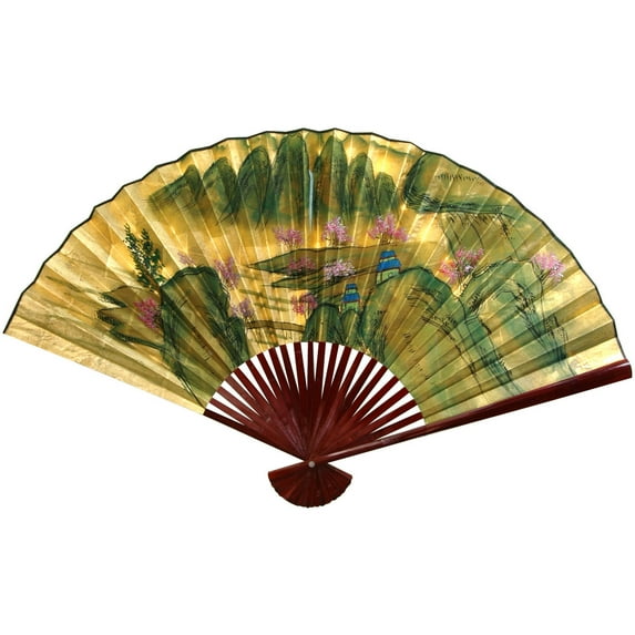 Oriental Furniture Gold Leaf Mountain Landscape Fan, decorative item