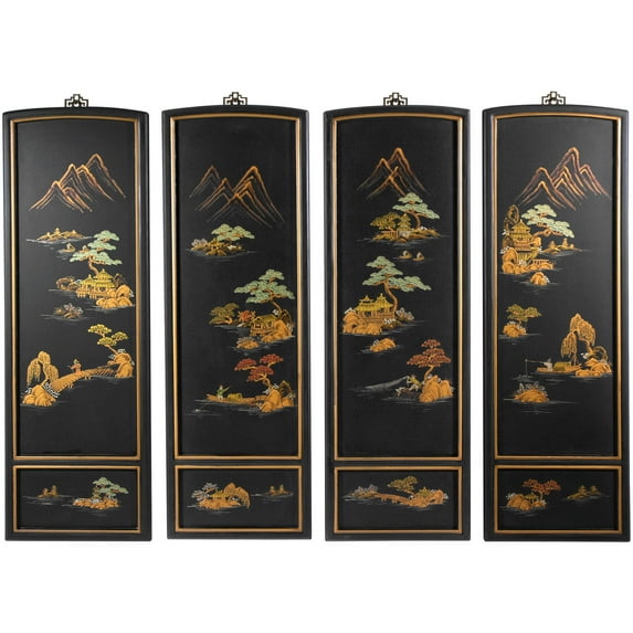 Oriental Furniture Japanese Landscape Wall Plaques, 12"W x 36"H, hand crafted, set of 4