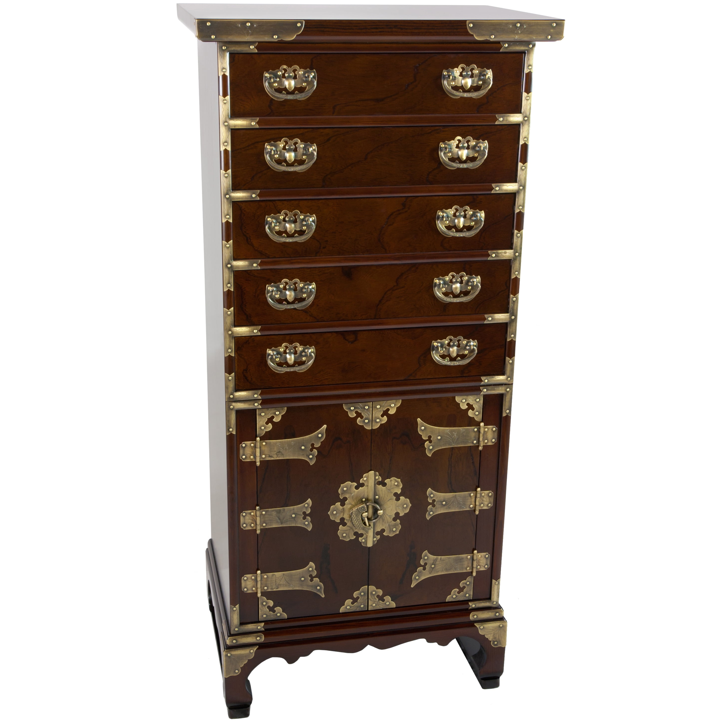 Dark Brown Elm Wood Antique Style Chest with Brass Fittings