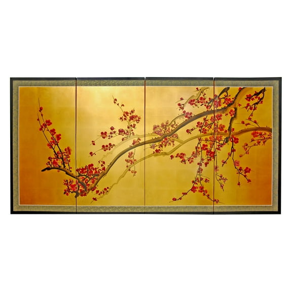 Oriental Furniture Plum Tree on Oriental Furniture Gold Leaf Silk Screen, 24"H, wall art, wall décor, hand painted