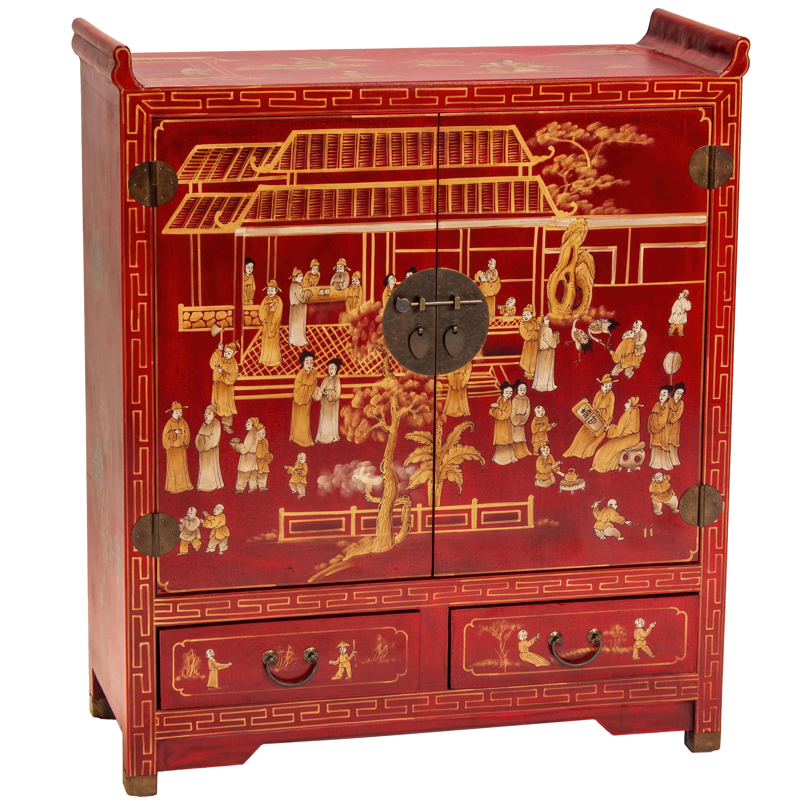 Handcrafted Red and Gold Lacquer Wood Altar Cabinet
