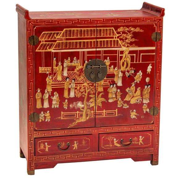 Oriental Furniture Red Lacquer Altar Cabinet - Courtyard
