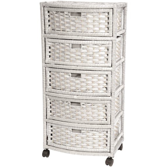 Oriental Furniture Weave End Table with 5 Drawers, White