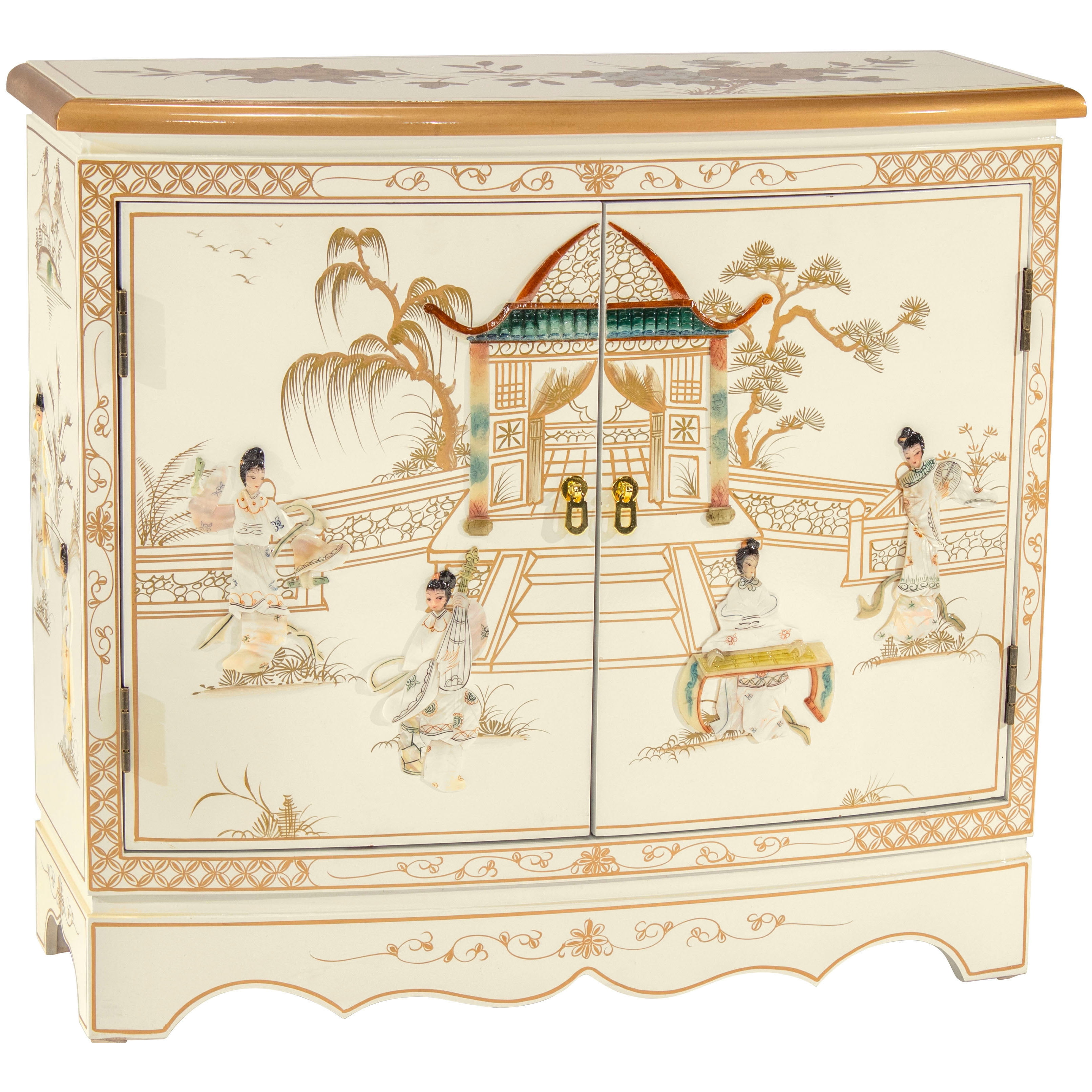White Lacquer Hall Cabinet with Hand-Carved Mother-of-Pearl Ladies