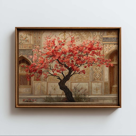 Oriental Garden Of Tranquility Oriental With Flowering Tree And Persian Architecture Oriental Style Decorative Wall Art Poster , Poster Print Only