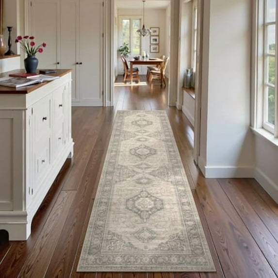 Oriental Hallway Runner Rug Non Slip, 2.5x8 Kitchen Washable Runner Soft Hallway Rug, Traditional Ultra-Thin Carpet for Bathroom Entryway Laundry Room, Grey/Brown