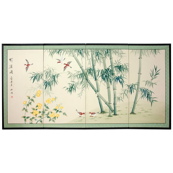 Red Lantern Bamboo and Five Birds Silk Painted Privacy Screen, Traditional Asian Room Divider, Free-Standing, Multicolor