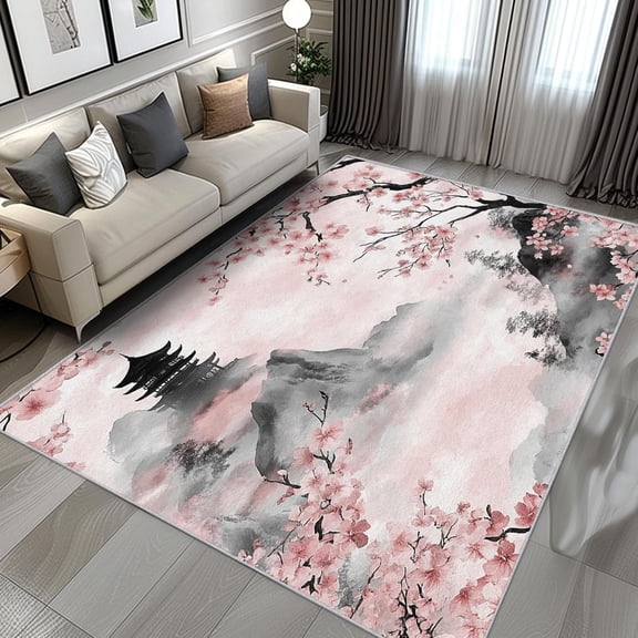 Oriental Japanese Landscape Area Rugs, Ink Mountain Cherry Blossom Carpet, Washable Non Slip Low Pile Soft Rug for Bedroom Living Room Decor Mat 5ftx8ft