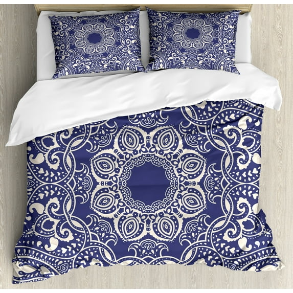 Oriental King Size Duvet Cover Set, Classical Floral Motifs with Artistic and Curly Leaves in Vintage Art Design, Decorative 3 Piece Bedding Set with 2 Pillow Shams, Blue and Cream, by Ambesonne