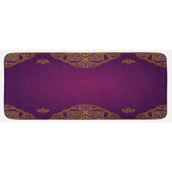 Oriental Kitchen Mat, Eastern Style Ornamental Graphic Lace Pattern on a Background with Floral Swirls, Plush Decorative Kitchen Mat with Non Slip Backing, 47" X 19", Multicolor, by Ambesonne