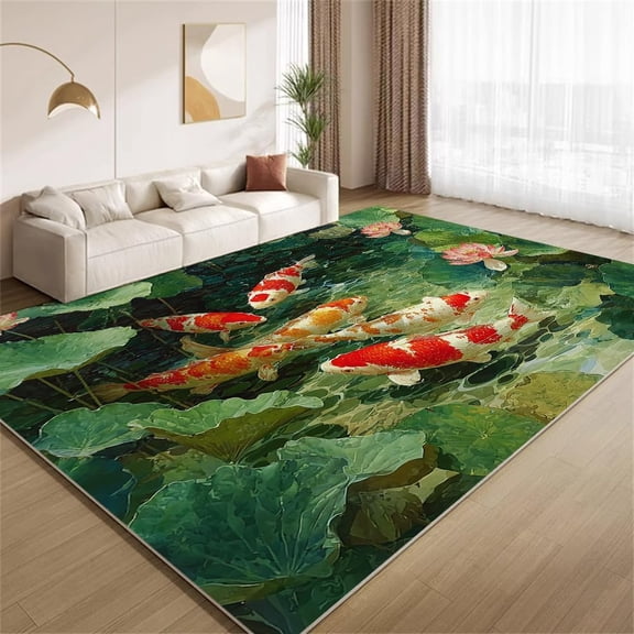Oriental Koi Fish Area Rugs, Lotus Pond Water Lily Pattern Carpet, Washable Non Slip Low Pile Soft Rug for Living Room Bedroom Decor Mat 3ftx5ft