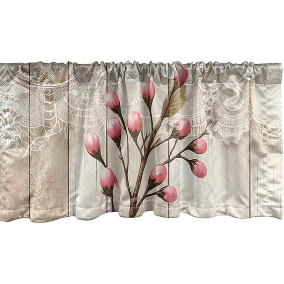 Oriental Lace Print Window Valance, Retro Eastern Details Blooming Flowery on Rustic Beige Back, Rod Pocket Curtain Valances Kitchen Bedroom, 54" X 18",Blush Olive Green Dusk