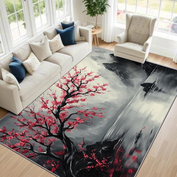 Oriental Landscape Area Rugs, Chinese Japanese Scenic Carpet, Washable Non Slip Low Pile Soft Rug for Bedroom Living Room Decor Mat 2x3ft