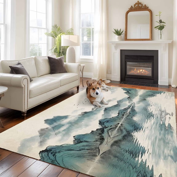 Oriental Large Area Rugs 5x8 ft Traditional Ethnic Art Chinese Landscape Ink Painting Washable Rug Non Slip Indoor Carpet Absorbent Floor Mat for Living Room Bedroom Dining Room