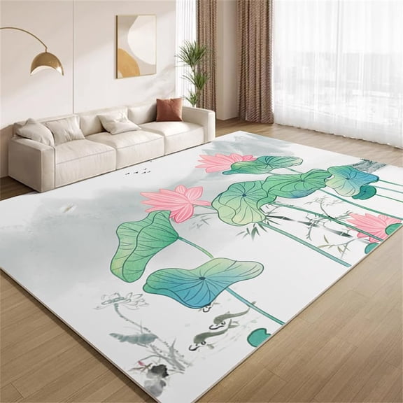 Oriental Lotus Area Rugs, Chinese Style Carpet, Washable Non Slip Low Pile Soft Rug for Living Room Bedroom Gameroom Decor Mat 2x3ft