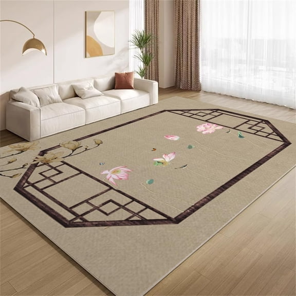 Oriental Lotus Border Area Rugs, Chinese Art Carpet, Washable Non Slip Low Pile Soft Rug for Living Room Bedroom Entry Decor Mat 2x3ft