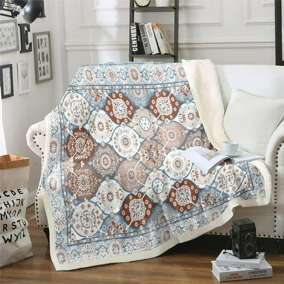 Oriental Medallion Blanket Persian Flower Throw Blanket for Bed, Vintage Paisley Fleece Blanket Throw Size Retro Rustic Farmhouse Sherpa Blanket, Hippie Floral Fuzzy Blanket