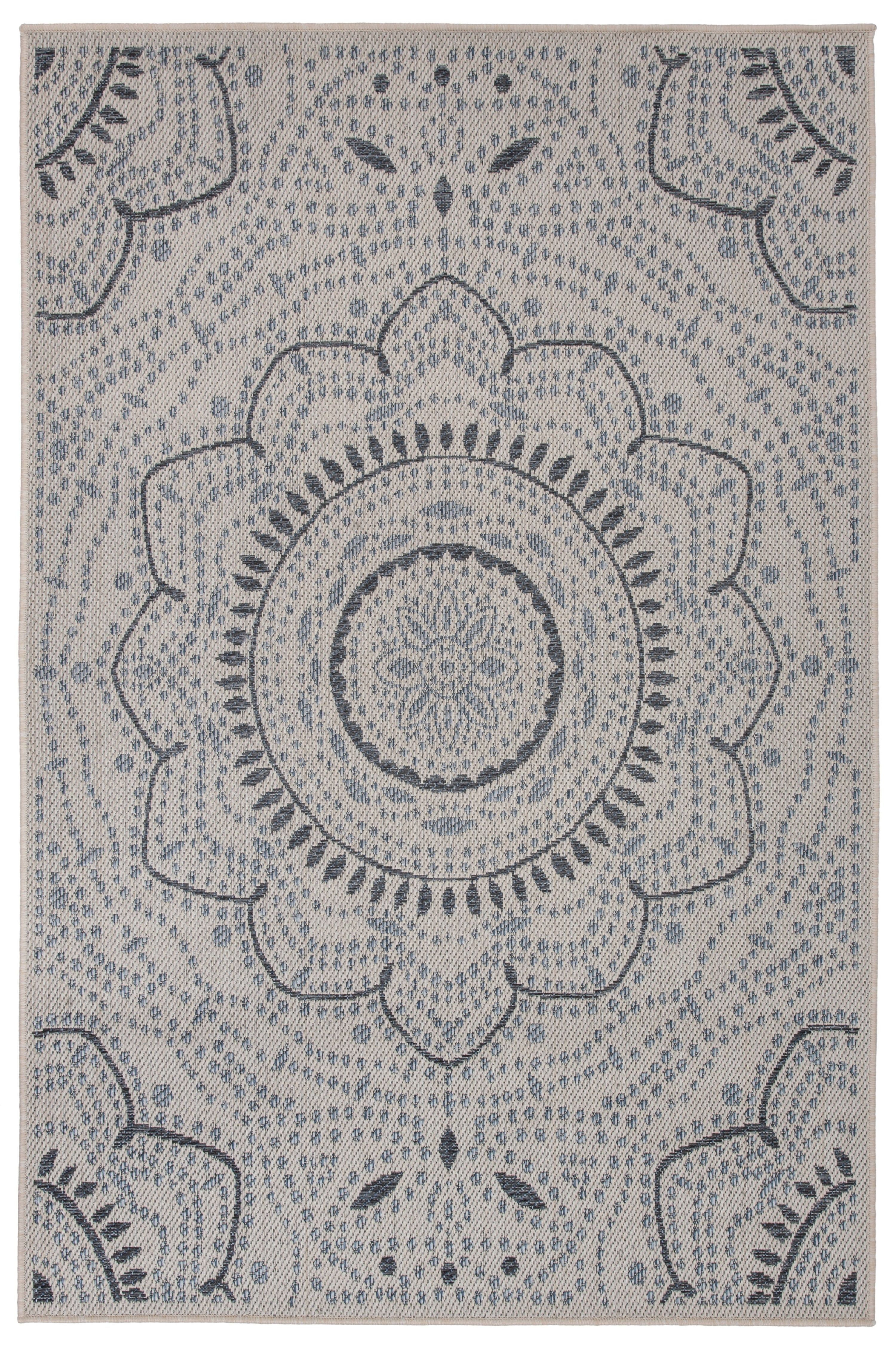 Cream and Blue Medallion Flat Woven Indoor/Outdoor Rug