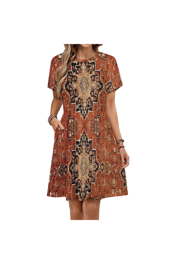 Oriental Medallion Floral Geometric Orange Sundress Short Sleeve Dress Summer Women Clothes Dress for Women Dresses