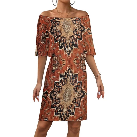 Oriental Medallion Floral Geometric Orange Women's Off The Shoulder Ruffles Summer Wedding Guest Loose Casual Party Beach Dress