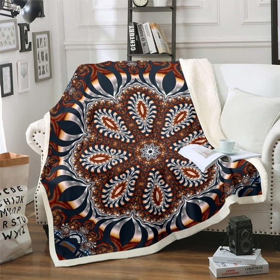 Oriental Medallion Throw Blanket for Couch Persian Floral Fleece Blanket, Vintage Mandala Sherpa Blanket 40x50 Size Hippie Flower Blanket, Retro Abstract Art Bed Blanket