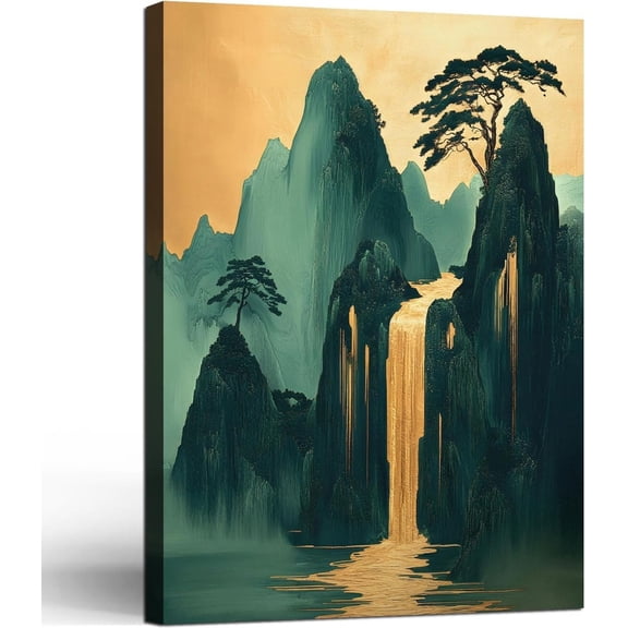 Oriental Mountain Waterfall Green Gold Wall Art Print, Nature Decor