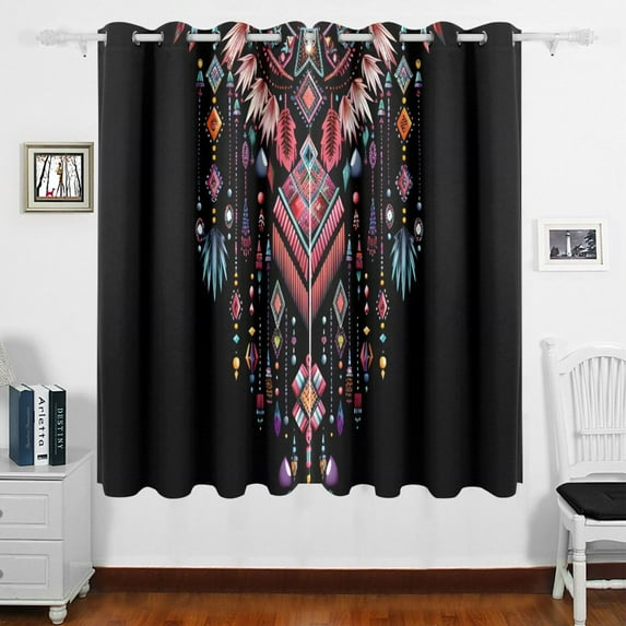 Oriental Necklace Curtains Black Out 63 Inch Length Curtains for Sliding Glass Doors Bedroom Living Room 2 Panels Set