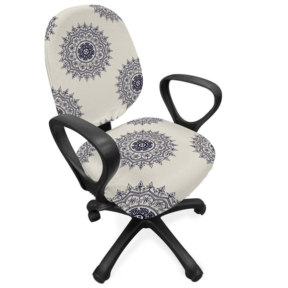 Oriental Office Chair Slipcover, Medallion Motif with Floral and Leafy Ornaments, Protective Stretch Decorative Fabric Cover, Standard Size, Grey Yellow Violet Blue, by Ambesonne