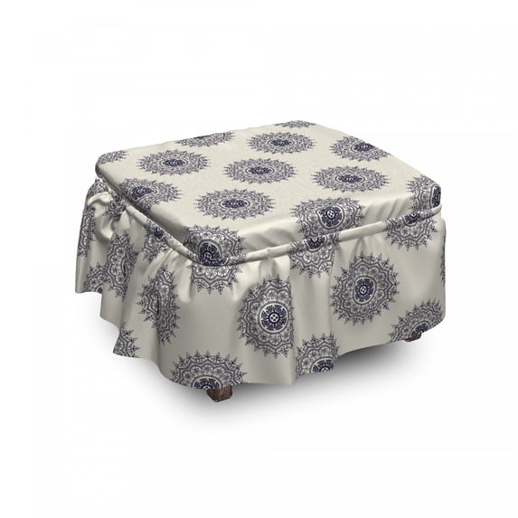 Oriental Ottoman Cover, Leafy Medallion, 2 Piece Slipcover Set with Ruffle Skirt for Square Round Cube Footstool Decorative Home Accent, Standard Size, Grey Yellow Violet Blue, by Ambesonne