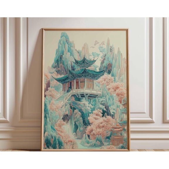 Oriental Pagoda Mountain Temple Wall Art Print, Unframed Paper Poster 24x36in