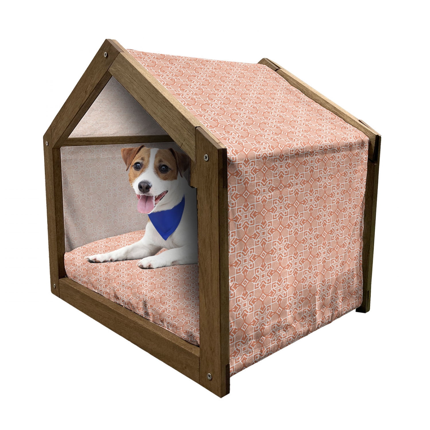 Floral Patterned Wooden Dog House with Canopy and Pillow