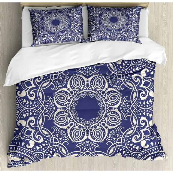 Oriental Queen Size Duvet Cover Set, Classical Floral Motifs with Artistic and Curly Leaves in Vintage Art Design, Decorative 3 Piece Bedding Set with 2 Pillow Shams, Blue and Cream, by Ambesonne