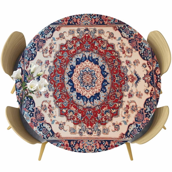 Oriental Red Blue Round Tablecloth 36-44 Inch Round Fitted Table Cloth with Elastic Edge, Rustic Tribal Patterns Ethnic Bohemian Waterproof Table Cover Protector for Outdoor Picnic Party Dining