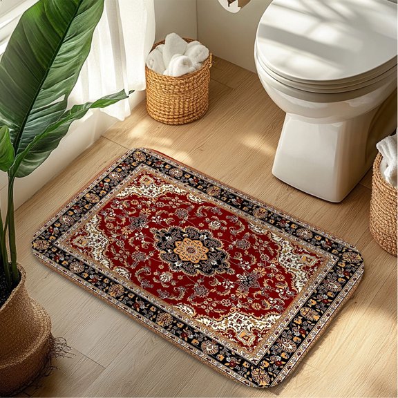 Oriental Red Plush Flannel Bath Rug 16x24 Inches, Quick Dry Absorbent Non Slip Mat for Bathroom Sink Tub