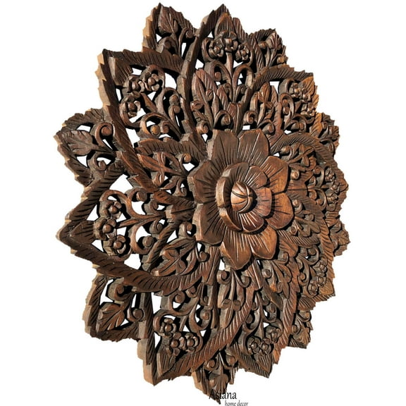 Oriental Round Carved Wood Water Lilly Wall Decor. Dark Brown Size 17.5" and 24" Extra Thick