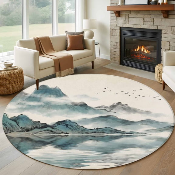 Oriental Round Rugs for Living Room 7ft Traditional Ethnic Art Chinese Landscape Ink Painting Non Slip Circle Rug Washable Low-Profile Indoor Carpet for Bedroom, Dining Room, Bathroom