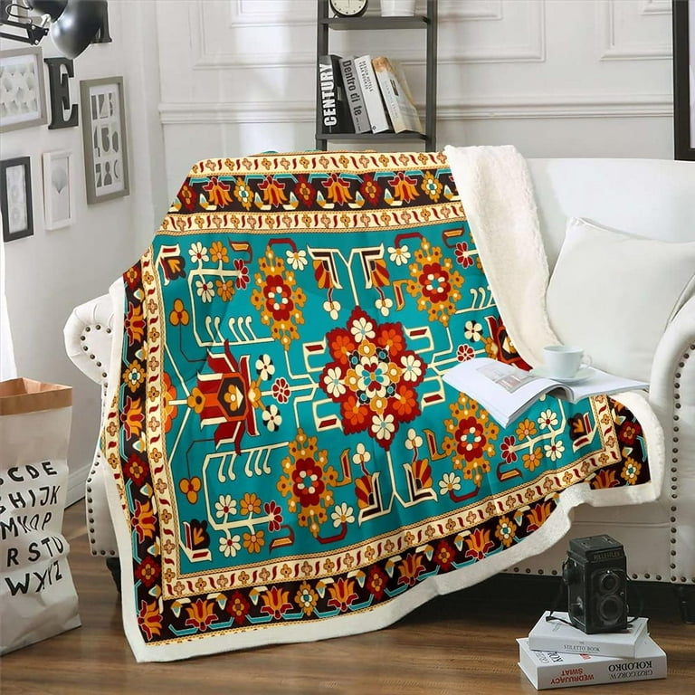 Oriental Sherpa Blanket Vintage Blanket Teal Persian Throw Blanket for Chair Boho Mandala Fleece Blanket Throw Size Aesthetic Hippie Plush Blanket for Kids Toddler Room Decor Microfiber Walmart