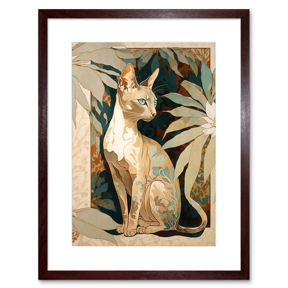 Oriental Shorthair Cat Botanical Pattern Fur and Plants Modern Art Nouveau Watercolour Illustration Artwork Framed Wall Art Print 9X7 Inch