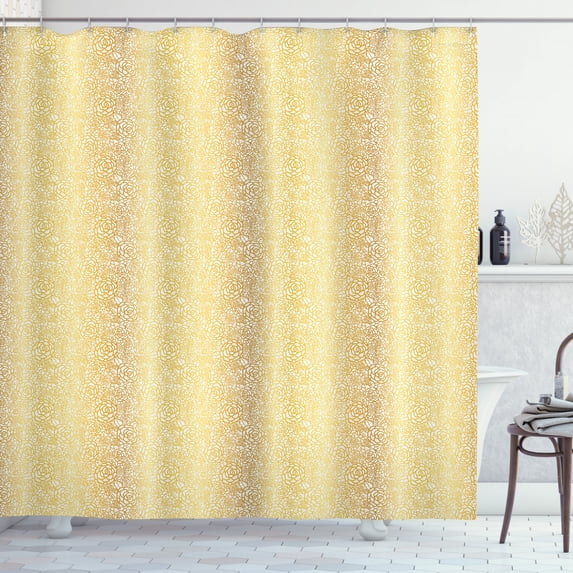 Oriental Shower Curtain, Bloomed Roses and Peonies with Leaves Petal Marked Ornamental Design, Fabric Bathroom Set with Hooks, 69W X 84L Inches Extra Long, Pale Coffee and White, by Ambesonne